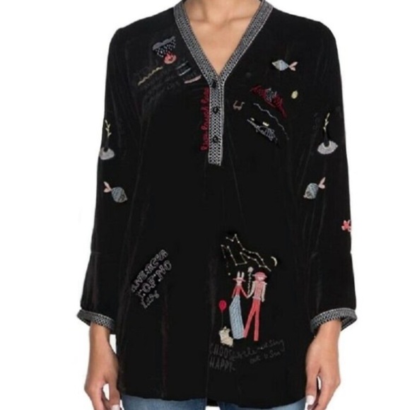 Johnny Was Geet Velvet Tunic Embroidery Black Size Small Whimsical - Picture 1 of 16